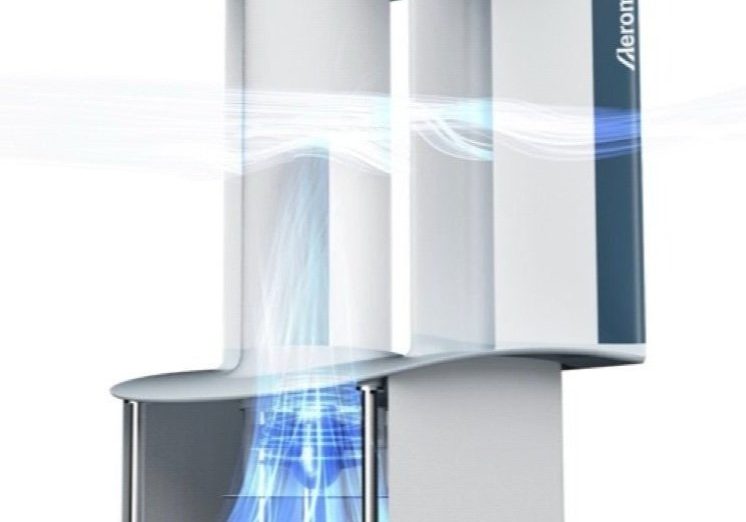 Valkoinen lavaton tuulivoimala, jossa siniset viivat havainnollistavat ilmavirran kulkua laitteen läpi